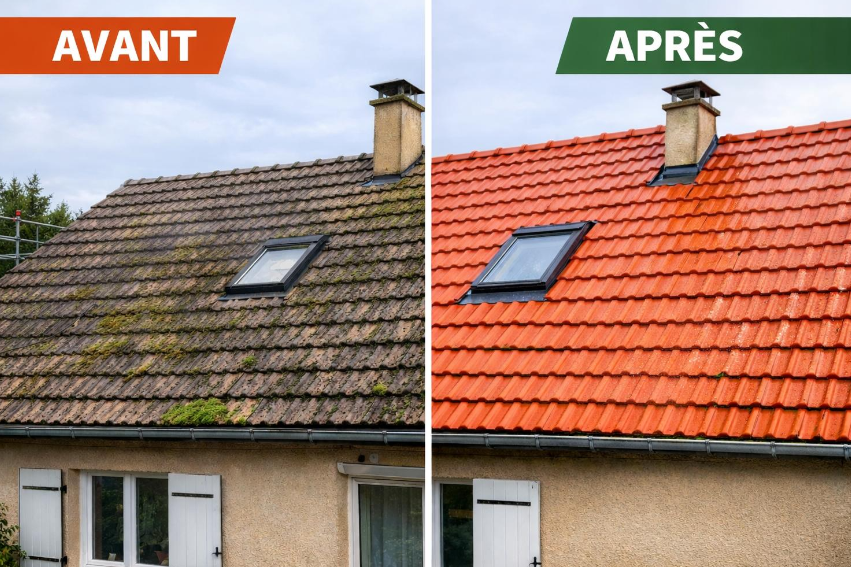 Avant/après nettoyage/Démoussage de toiture, couvreur à dampmart 77 devis gratuit